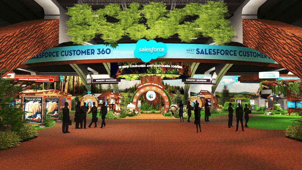 A 3D rendering of the entrance to the Dreamforce 2019 Campground.