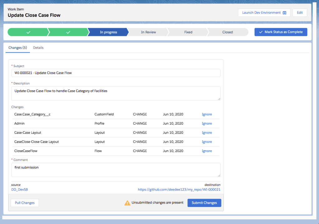 This is a screenshot of the Salesforce Customer 360 Platform Development Ops Center