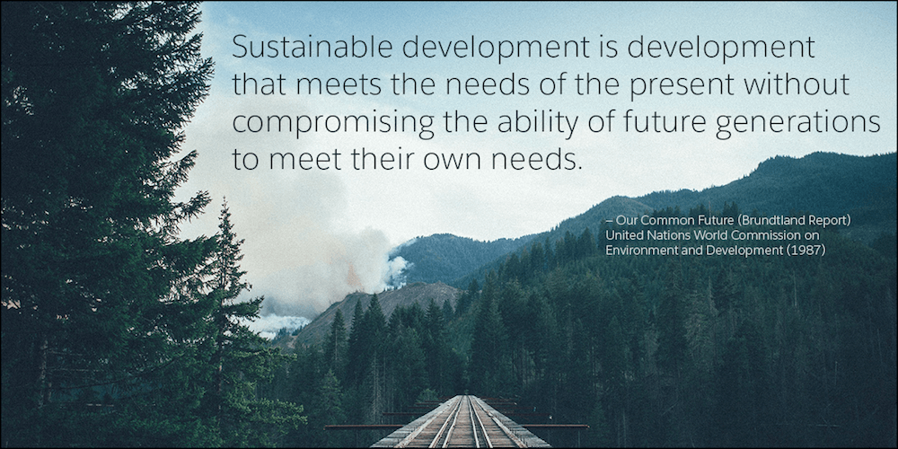Quote card reads: Sustainable development is development that meets the needs of the present without compromising the ability of future generations to meet their own needs. 