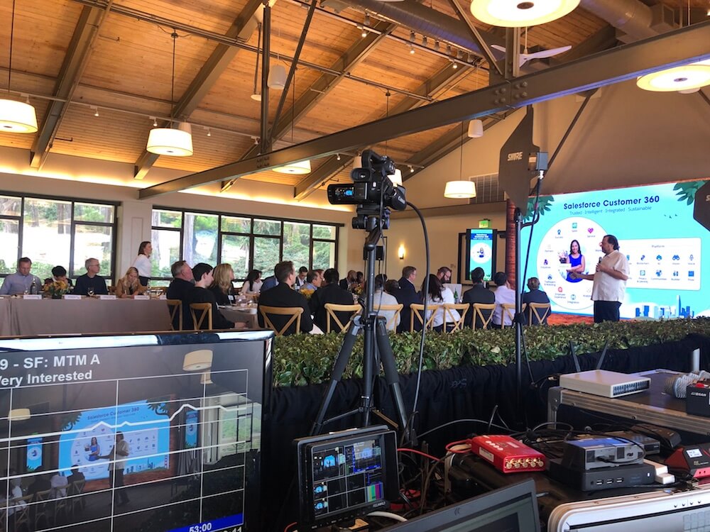 Marc Benioff participating in a pre-Dreamforce keynote focus group, with dial-testing equipment in the foreground