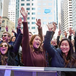 Employees celebrated Salesforce's 20th anniversary with a Pitbull concert outside the San Francisco office. Salesforce celebrated 20 years on March 8, 2019.