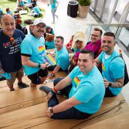 Employees participated in 2019 Pride celebrations wearing Salesforce gear.