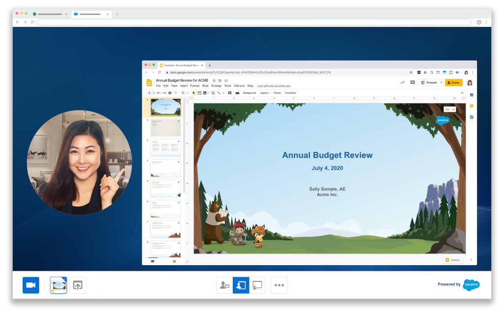 An example of the in-meeting experience on screen, using Salesforce Meetings in Sales Cloud