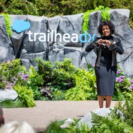 Leah McGowan Hare on stage at Salesforce Park for TrailheaDX