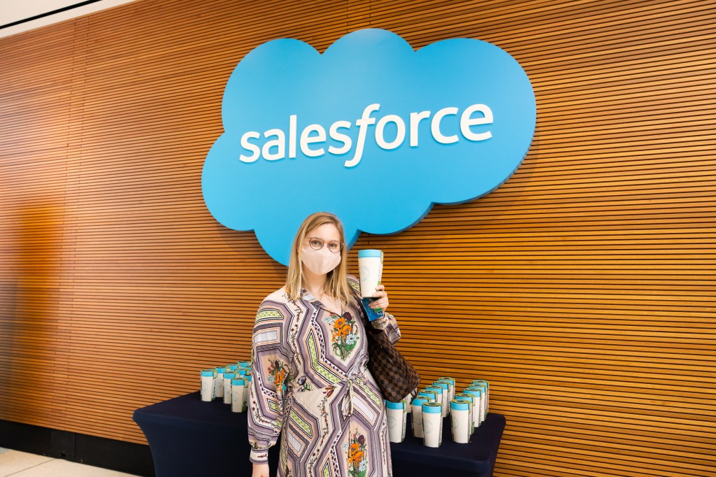 An employee on their first day back to Salesforce Tower New York