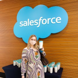 An employee on their first day back to Salesforce Tower New York