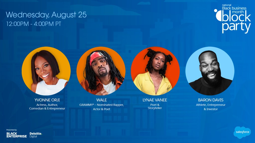 Block Party Summit speakers from left to right: Yvonne Orji, Emmy nominated Actress, Author, Comedian and Entrepreneur, Wale, GRAMMY® nominated rapper, actor and poet, Lynae Vanee, poet and storyteller and Baron Davis, athlete, entrepreneur and investor 