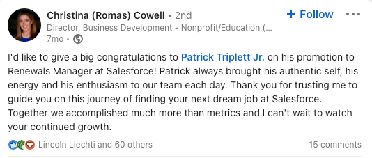LinkedIn post from Romas-Cowell congratulating Patrick Triplett Jr. on his promotion