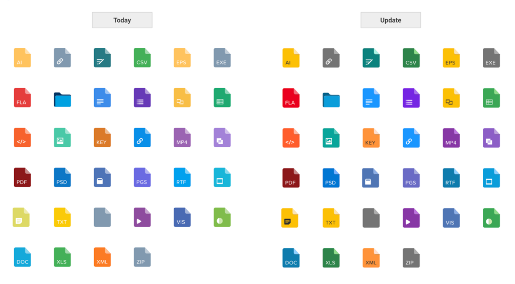 Image of current doctype icons in a grid format on the left. Image of the updated doctype icons in a grid format on the right.