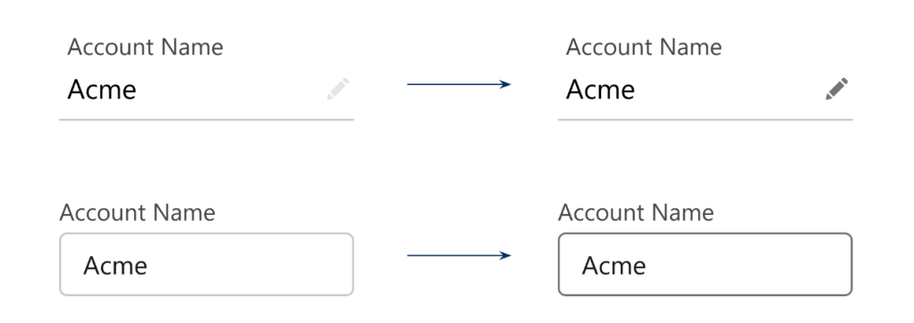 Before and after image of inputs for account name, showing greater contrast on border and edit icons.