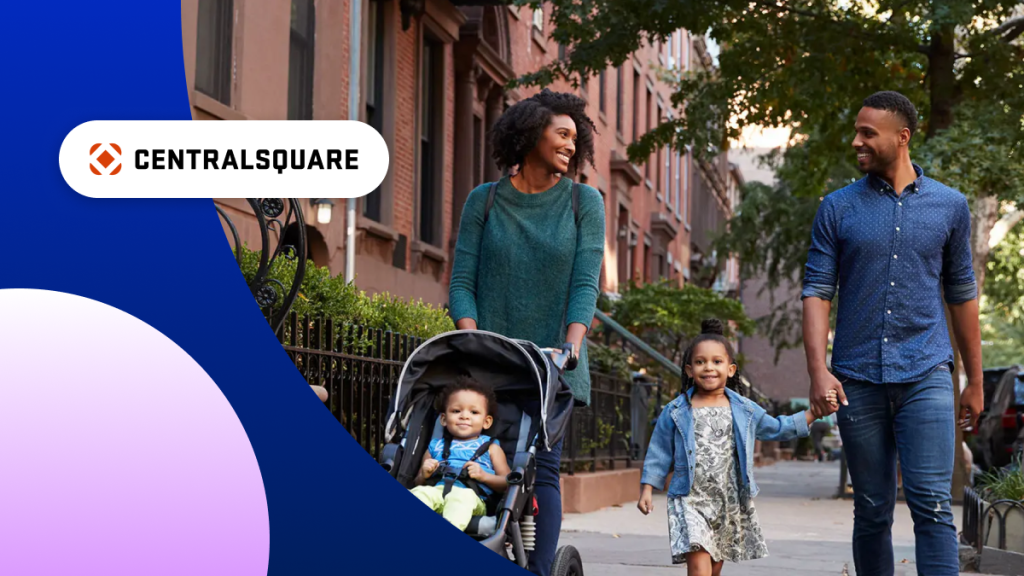 Family walking down the city street