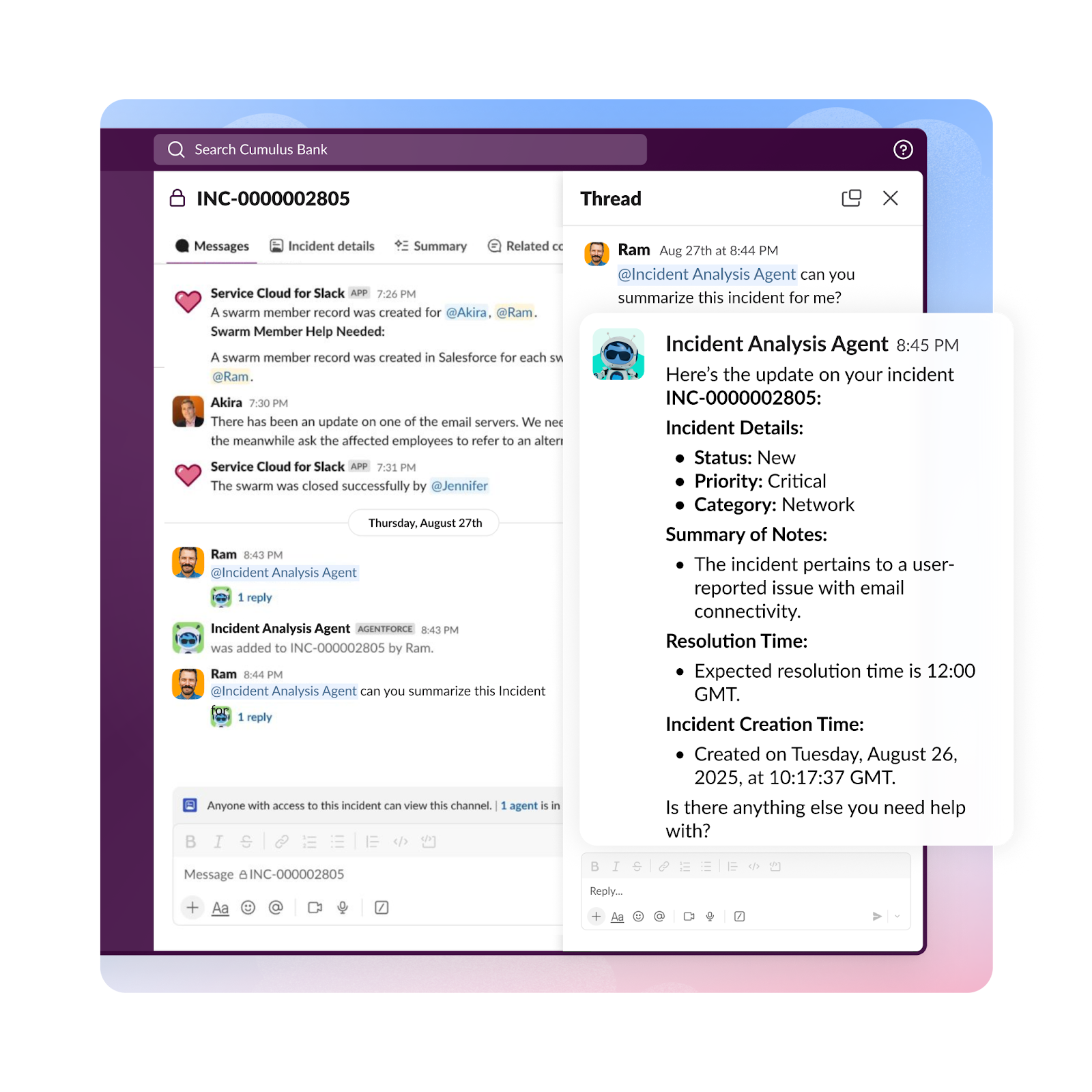 Agentforce automatically creates, summarizes, and resolves incidents, boosting IT team productivity and shifting employee support from a reactive to a conversational solution, delivered directly in Slack.