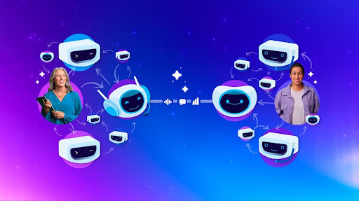 Creative graphic with icons of cartoon agents communicating.