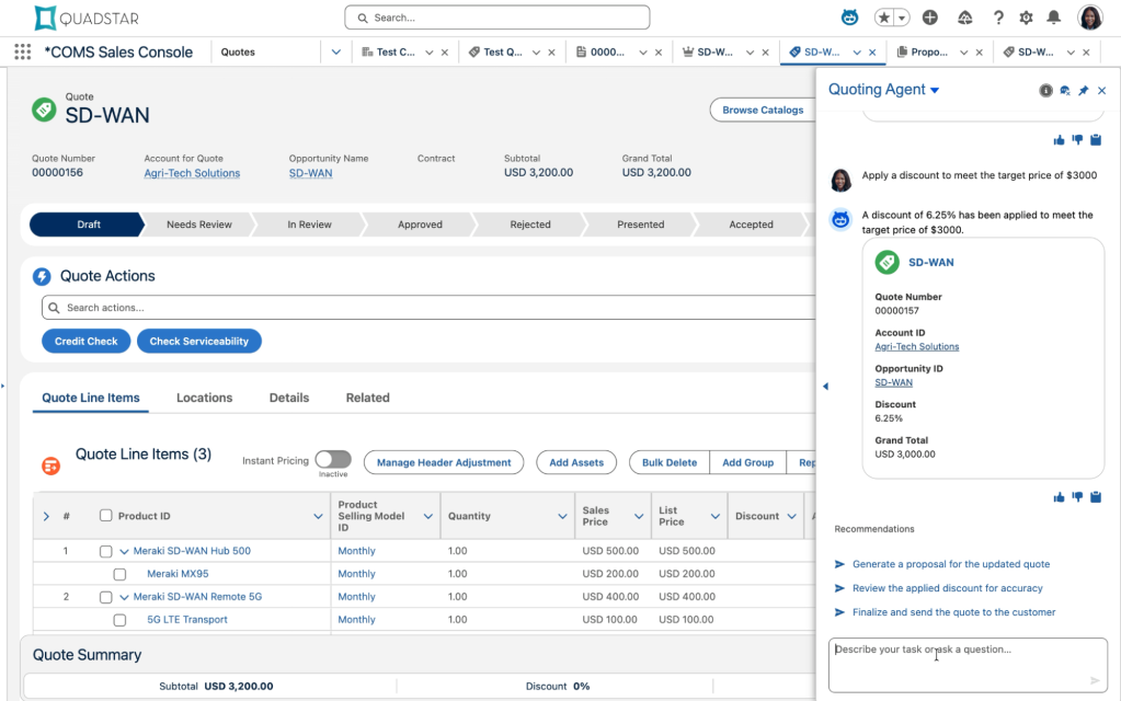 A screenshot of the Quadstar COMS Sales Console showing an SD-WAN quote interface