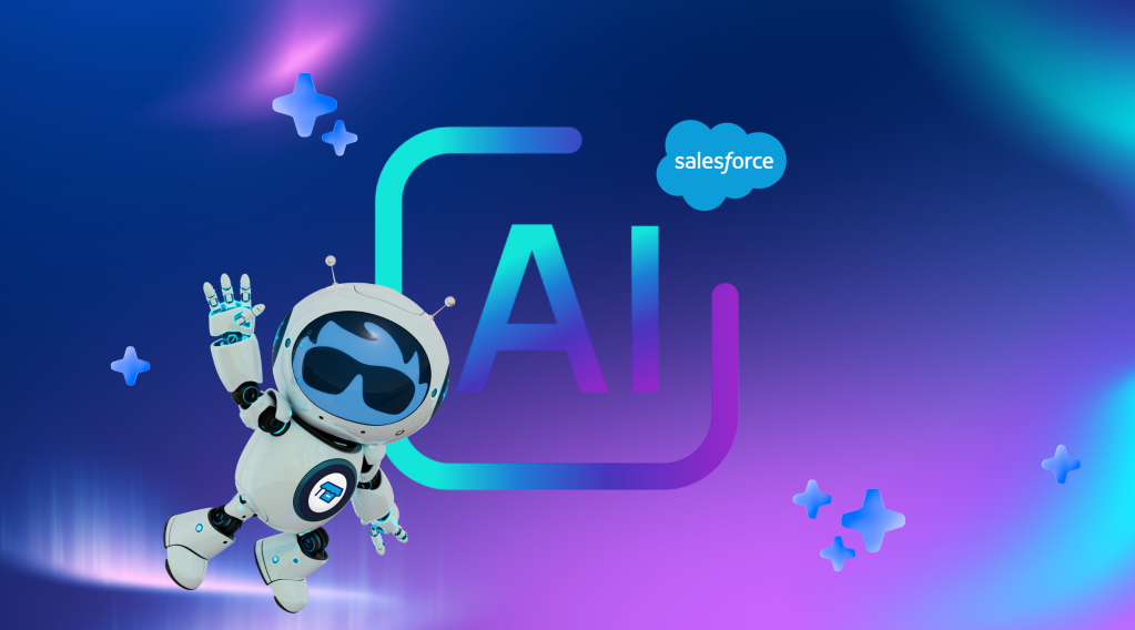 Agentforce Astro poses in front of a purple blue background.