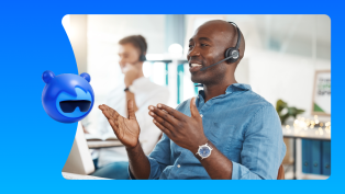 Contact center worker in a headset providing personalized support with the help of Agentforce.
