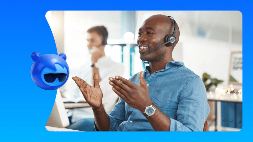 Contact center worker in a headset providing personalized support with the help of Agentforce.