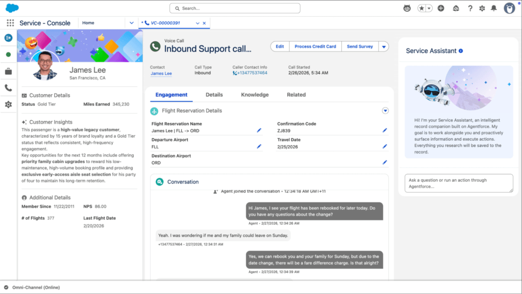 A Salesforce Service Console displaying an inbound support call for a customer.