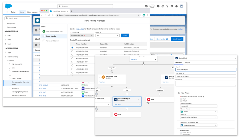 Salesforce administrator view showing the "New Phone Number" setup wizard layered over a visual "Route Work" flow builder.