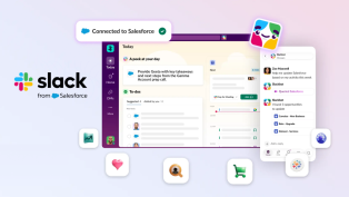 View of Slack surrounded by icons of all the interconnected apps and programs.