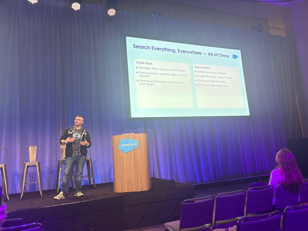 Mike Reynolds walking through a slide created for him by Slackbot moments earlier, after he “forgot” to build out his deck to include Slackbot’s capabilities. 