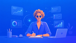 Illustration of a woman sketching in a notebook, with stylized tech interfaces surrounding her.