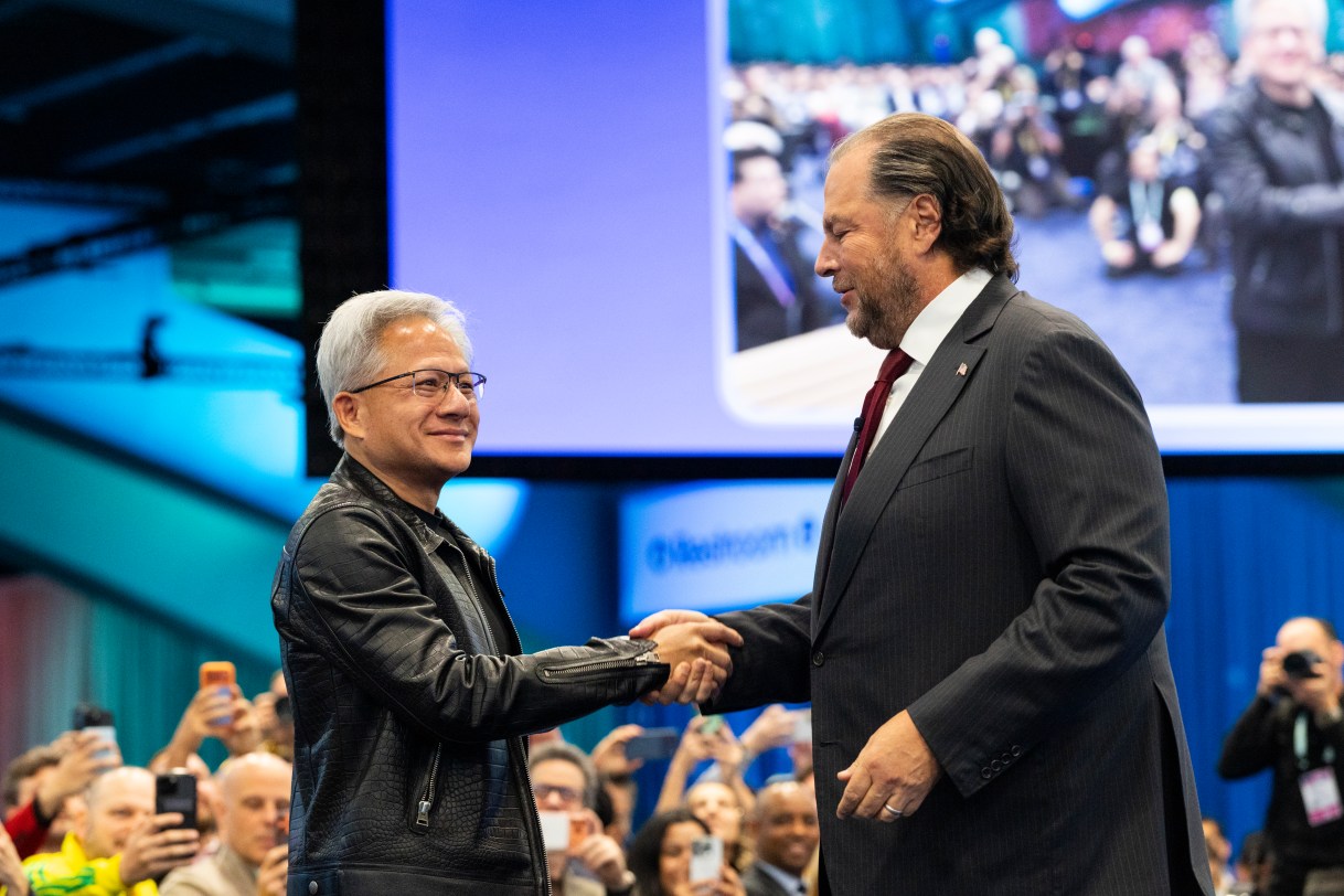 Marc Benioff, CEO of Salesforce, and Jensen Huang, CEO of NVIDIA, at the 2026 Dreamforce Main Keynote.