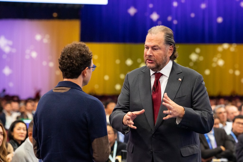 Marc Benioff, CEO of Salesforce, and Dario Amodei, CEO of Anthropic, at the 2026 Dreamforce Main Keynote.