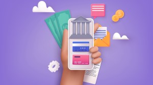 Illustration on a purple background of a person holding up a mobile phone, with apps for banking and other financial services / financial services trends
