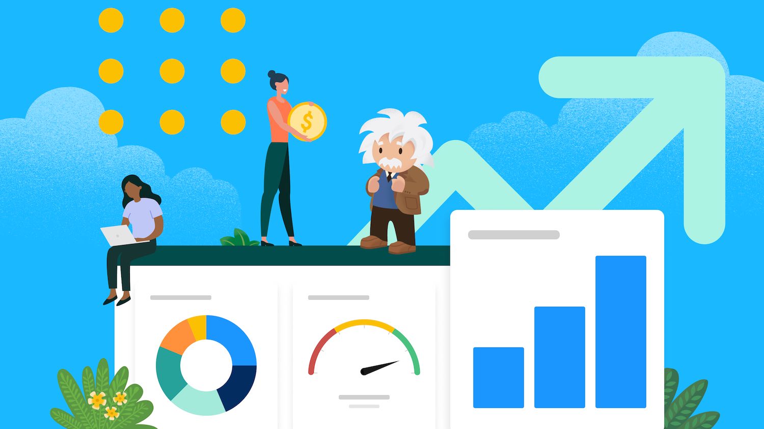 Graphic renderings of sellers stand on top of a dashboard showing an example of sales automation