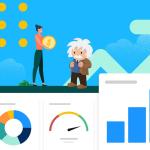 Graphic renderings of sellers stand on top of a dashboard showing an example of sales automation