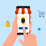 An illustration showing someone making a mobile commerce purchase on their phone.