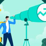 Sales leader looking through a telescope at an arrow going up: sales forecast