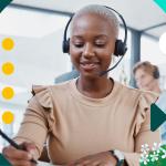 Woman cold calling on a headset phone with graphics of chat