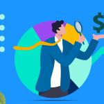 Een sales operations manager die met een vergrootglas een dollarteken inspecteert, afgebeeld op een opwaartse pijl.