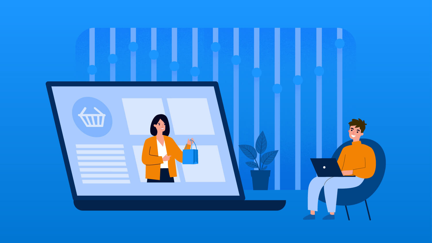 A man analyses campaign metrics on a laptop with a woman holding shopping bags on the screen. CMO reviews online marketing campaign data.