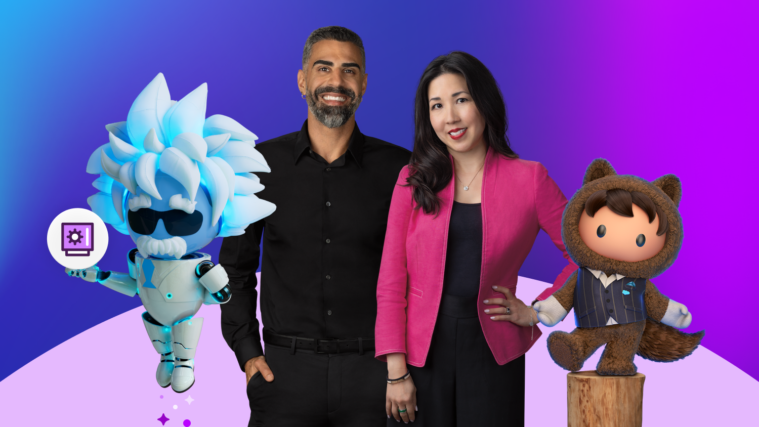 Twee professionals uit de financiële dienstverlening staan samen met Agent Einstein en Astro afgebeeld om te laten zien hoe mensen en AI samen financiële dienstverleners kunnen transformeren.