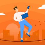 Man balances on a tightrope above a city, holding a laptop and phone, symbolising balance between data and personalisation.