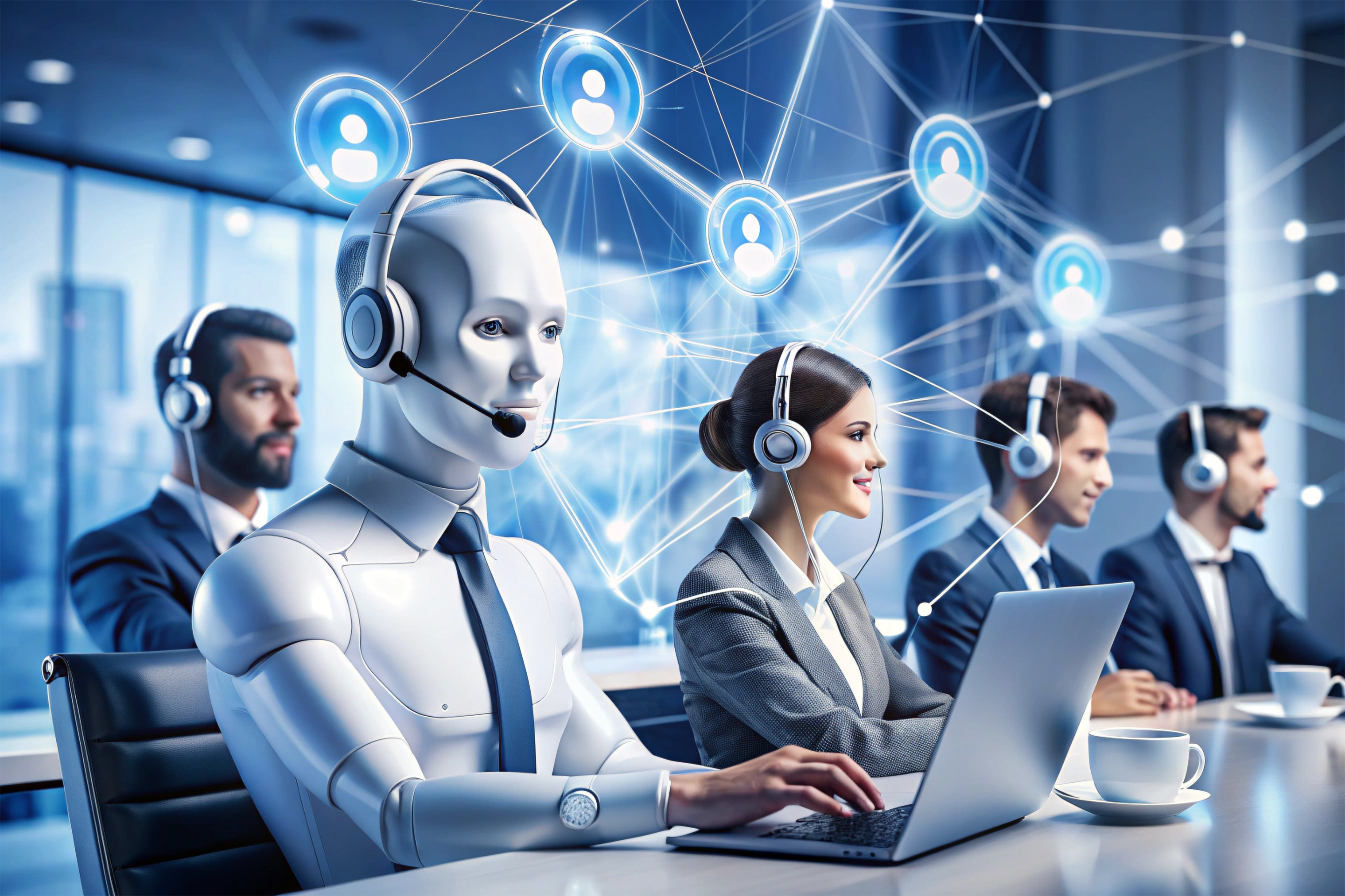 Een robot in overhemd en stropdas zit naast menselijke medewerkers.