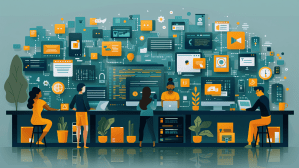 Illustratie van een lange tafel met diverse collega’s die zitten en staan met hun computers. Op de achtergrond is een collage van vormen te zien die digitale schermen en connectiviteit voorstellen.
