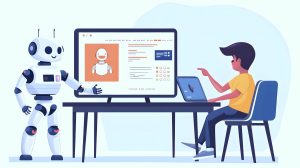 Een man maakt aantekeningen op een laptop terwijl een robot hem AI-vaardigheden uitlegt op een groter scherm.