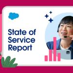 Een servicemedewerker die in een headset spreekt naast de woorden "State of Service Report."