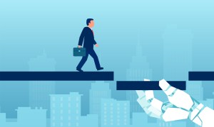 Illustratie van een mkb-ondernemer die over plateaus loopt die door een AI-arm worden ondersteund, tegen een blauwe achtergrond.
