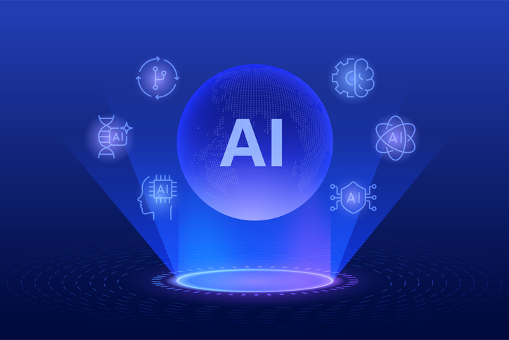 AI-globe op een blauwe achtergrond met iconen voor automatisering, big data, cyberbeveiliging, biotech en engineeringtools.