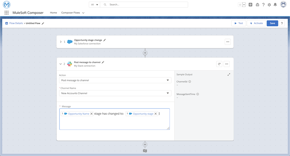 A screenshot of Mulesoft Composer automating integrations directly in the Salesforce Admin console