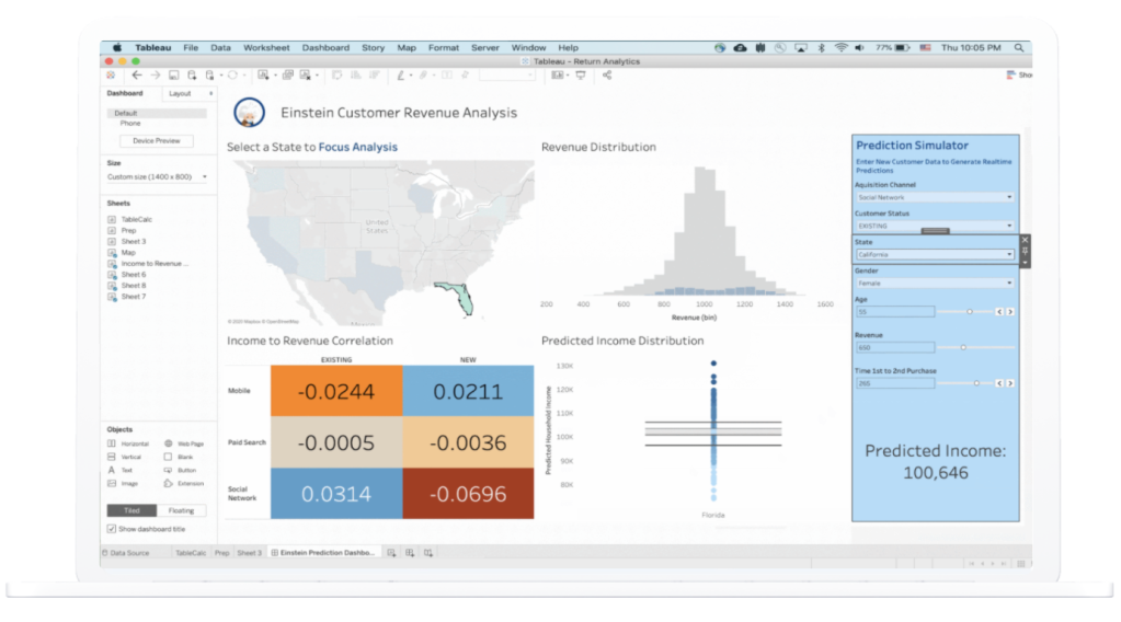 A screenshot showing Einstein Customer Revenue Analysis, part of Tableau Business Science