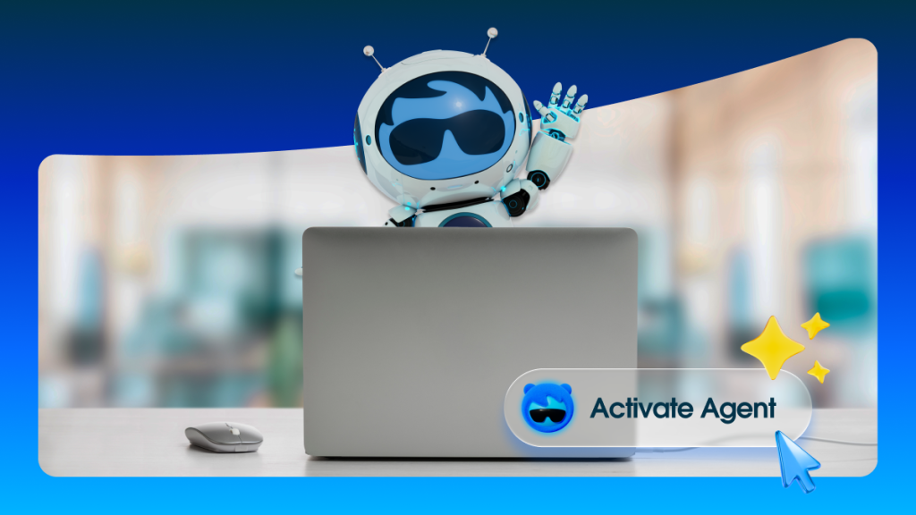 Agent Astro at a laptop